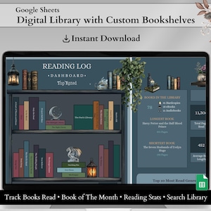 Foglio di calcolo per il monitoraggio della biblioteca digitale / Visualizzazione personalizzabile della libreria personale / Pianificatore del club del libro / Statistiche di lettura / Organizzatore della biblioteca