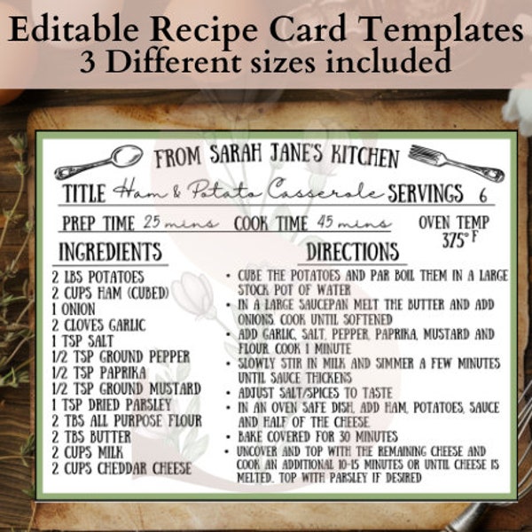 Editable Recipe Card Template | Multiple sizes | Printable Recipe Template | Includes 4x6 and 3x5 sizing | Canva Template **Added Coversheet