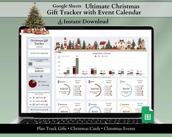 May include: A laptop screen displays a Christmas gift tracker spreadsheet. The spreadsheet includes sections for budget, gift lists, and event planning. The screen also shows a Christmas tree and gift boxes. Text on the screen reads "Google Sheets Ultimate Christmas Gift Tracker with Event Calendar."