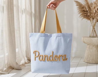 Seersucker crochet beach bags, personalized best friend travel bags, bridesmaid/bachelorette party gifts
