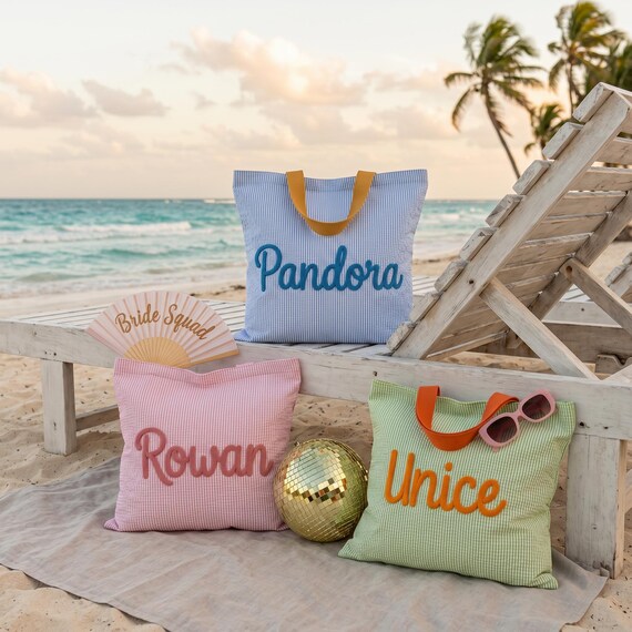 Custom-made best friend travel beach bags, personalized seersucker crochet bags, bridesmaid party gifts