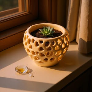 May include: A cream-colored ceramic planter with a succulent plant inside. The planter has a round shape with numerous circular cutouts. A small glass dish with liquid and a small white object are in front of the planter.