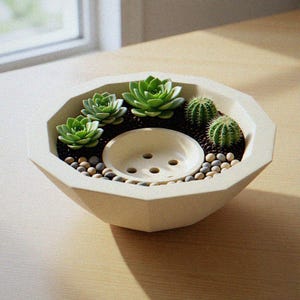 May include: An off-white, faceted, octagonal planter containing three green succulents and two small, round, spiky cacti. The planter features a central, circular, recessed basin with five drainage holes, surrounded by dark soil and small pebbles.