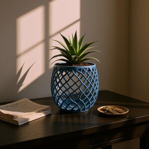 Può includere: Un vaso per piante blu con un design a intreccio aperto a reticolo contenente una pianta succulenta verde. Il vaso ha una forma arrotondata e bulbosa con una finitura liscia, offrendo un contenitore strutturato per le foglie appuntite.