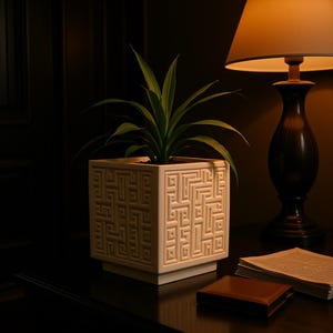 May include: A square, off-white ceramic planter featuring a raised, geometric Greek key pattern on its exterior. The planter holds a green, spiky-leafed plant and sits on a dark surface next to a lamp, a small brown wallet, and a stack of papers.