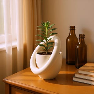 May include: A matte off-white ceramic planter featuring a unique sculptural ring design that encircles the central pot. A small green plant with pointed leaves grows from the soil inside the planter. The object sits on a wooden surface.