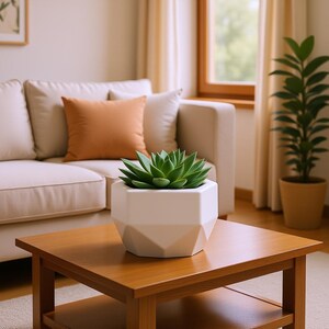 May include: A living room scene with a wooden coffee table. A white geometric planter with a green succulent sits on the table. A beige sofa with orange cushions is in the background. A tall potted plant is to the right.