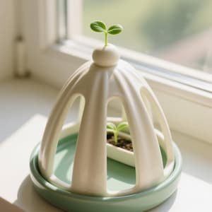 Puede incluir: Una cúpula de cerámica blanca con aberturas verticales se asienta sobre una bandeja circular de color verde claro. Dentro de la cúpula hay una pequeña maceta rectangular blanca con tierra y un diminuto brote verde.