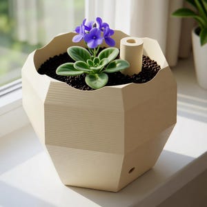 May include: A geometric, cream-colored planter with a faceted exterior holds a small plant with green leaves and vibrant purple flowers. The planter features a cylindrical tube insert and dark soil, showcasing a modern, angular design structure.