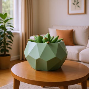 Peut inclure: Un pot de fleurs géométrique vert clair rempli d'une plante succulente verte est posé sur une table basse ronde en bois. Le pot a un design à facettes. Une plante en pot et un canapé sont en arrière-plan.