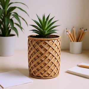 Doniczka pleciona z naturalnego lnu | Wysoka pleciona doniczka na zioła w stylu rustykalnym - Boho Coastal Home Decor