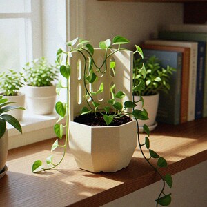 Può includere: Un vaso esagonale color crema dotato di un traliccio verticale integrato con aperture ad arco. Una pianta di pothos verde con foglie a forma di cuore cresce all'interno del vaso, con i suoi tralci che ricadono lungo i lati della struttura.