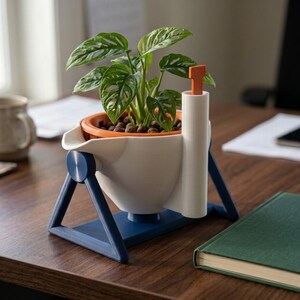 Pode incluir: Um vaso de autoirrigação branco com suporte triangular azul e um indicador laranja. O vaso contém uma planta Monstera adansonii verde com folhas perfuradas, plantada em bolas de argila castanhas num forro laranja.
