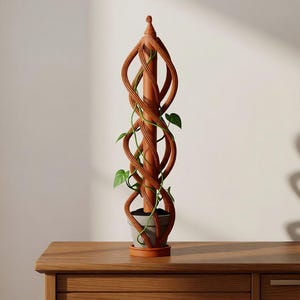 Può includere: Un traliccio per piante color terracotta con un palo centrale verticale circondato da una struttura a spirale intrecciata. Una piccola pianta rampicante verde con foglie a forma di cuore è avvolta attorno al palo, inserito in un vaso grigio.