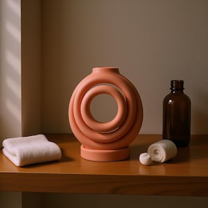 May include: A coral-coloured, circular vase with a unique design, featuring multiple concentric rings. A brown glass bottle and rolled white towels are also on the wooden surface. The vase is a decorative item.
