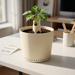 Può includere: Un vaso cilindrico color crema con una fila di piccoli fori di drenaggio vicino alla base. All'interno, una piccola pianta con foglie variegate verdi e bianche cresce da una struttura di supporto centrale perforata.