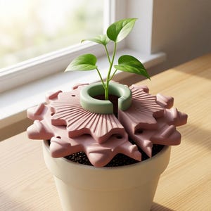 Op de afbeelding: Een kleine groene plant groeit uit het midden van een lichtroze, tandwielvormige decoratieve afdekking op een witte keramische pot. De afdekking heeft een radiaal, geplooid ontwerp met een gladde, lichtgroene ring rond de plantstengel.