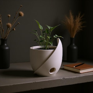 Puede incluir: Una maceta de cerámica blanca con un diseño curvo y superpuesto, que presenta una abertura circular cerca de la base. La maceta contiene una pequeña planta verde de hojas puntiagudas. La superficie exterior es lisa, mate y asimétrica.