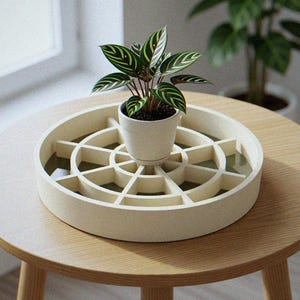 May include: A round, off-white wooden tray featuring a geometric, segmented interior grid design. A small, matte white ceramic pot sits in the center of the tray, containing a green plant with dark, striped, lance-shaped leaves.