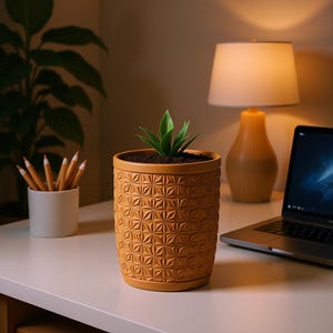 May include: A cylindrical mustard yellow planter featuring a repeating geometric star pattern on its exterior. The pot contains dark soil and a small green succulent plant. The planter sits on a flat surface, showcasing its textured design.