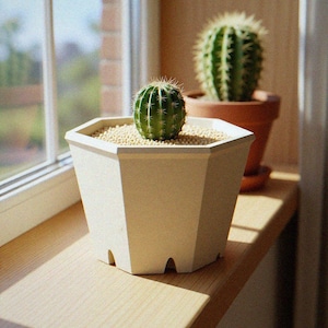 May include: A small green cactus with sharp spines planted in a white hexagonal pot filled with light-coloured pebbles. Behind it sits a larger, taller green cactus in a terracotta-coloured pot, both positioned near a window with natural light.