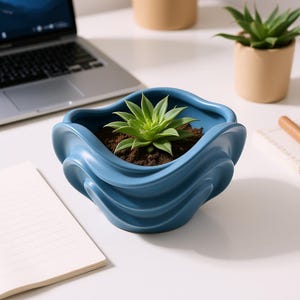 May include: A blue ceramic planter with a wavy design, holding a small succulent plant. The planter is filled with soil and the succulent has green leaves. The planter is on a white surface, with a laptop and other small plants in the background.