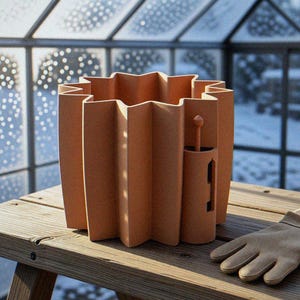 May include: A terracotta-colored planter with a distinct star-shaped, pleated exterior design. The planter features a small, integrated cylindrical side compartment with a vertical slot and a matching small stick-like tool inserted inside.