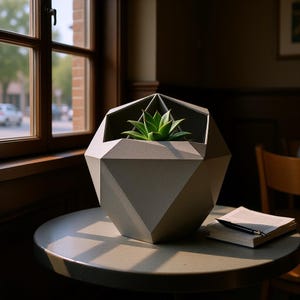 May include: A light grey, geometric, multi-faceted planter with a matte texture. The planter features a wide, open top section that holds a small, vibrant green succulent plant with pointed leaves, creating a sharp contrast in shape and colour.