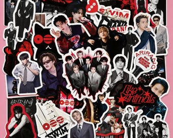 50pcs Arirang Album Stickers, Black & Red K-pop Decal Set, Waterproof Vinyl for Journals, Laptops /Water Bottles, Gift for ARMY Fans