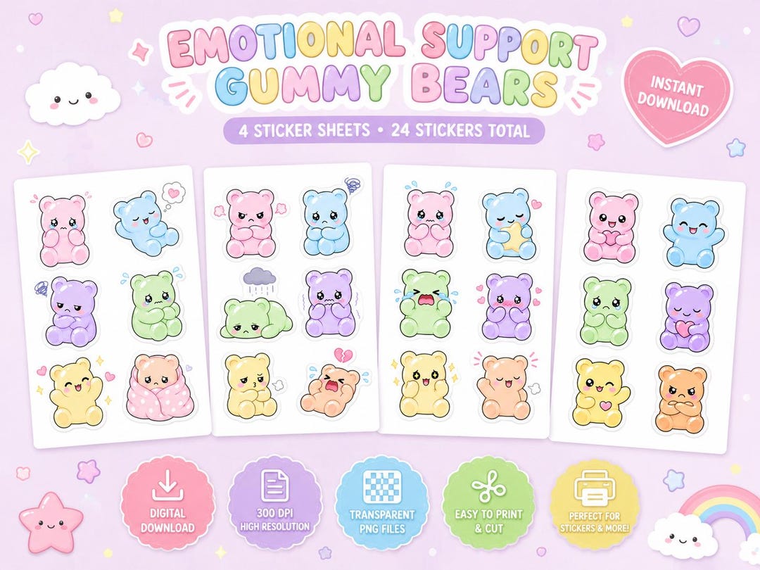 Emotional Support Gummy Bears Sticker Sheet Bundle Kawaii Mood Stickers ...