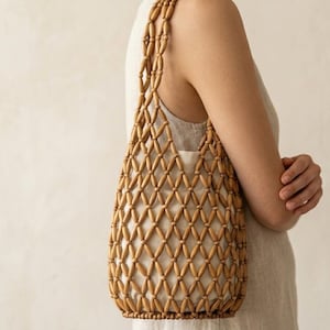 Holzperlen Umhängetasche, Handgefertigte Makramee Eimer Geldbörse, Boho Cottagecore Sommer Handtasche