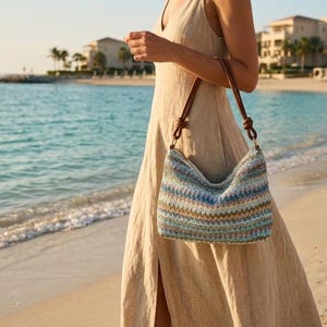 Geflochtene Stroh Schultertasche mit PU-Leder Riemen Bunt Gestreifte Sommer Hobo Geldbörse