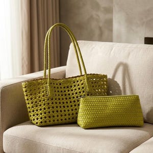 Handgefertigte Lime Green Woven Leder Einkaufstasche Luxus Schulter Geldbörse und Passenden Beutel Set
