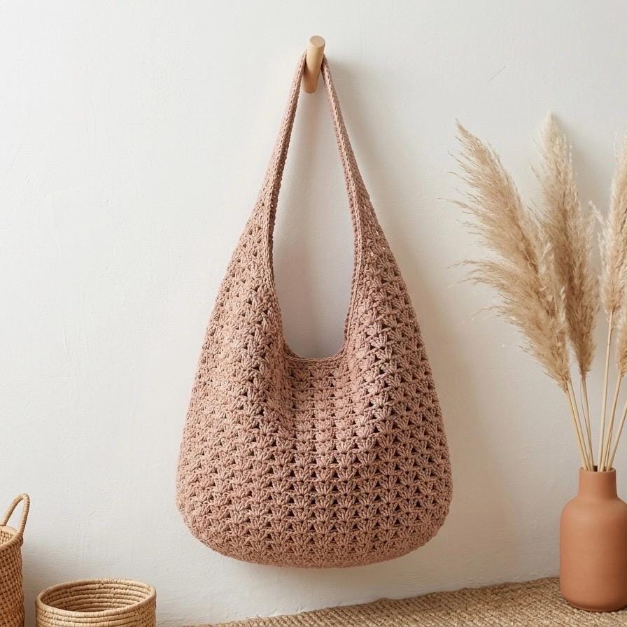 Crochet Dusty Rose Hobo Bag Hand Knit Woven Shoulder