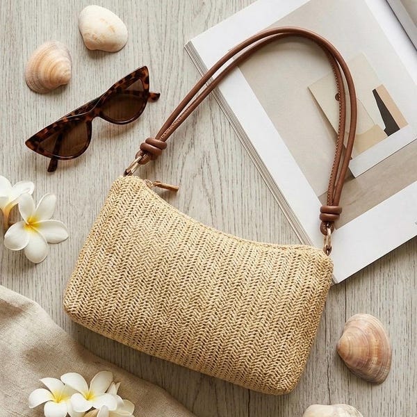 Straw Shoulder Bag with PU Leather Strap and Minimalist Rectangle Crochet Hippie Purse