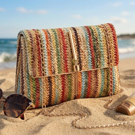Striped Straw Shoulder Bag with Gold Chain and Tassel Colorful Woven Crossbody Purse