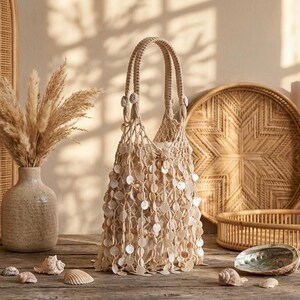 Puede incluir: Un bolso tote de macramé beige adornado con numerosos acentos redondos e iridiscentes de concha. El bolso tiene un asa tejida y un interior suave de color neutro. El bolso se exhibe sobre una superficie de madera con conchas decorativas y un jarrón de plantas secas.
