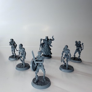 May include: A collection of gray miniature fantasy figures, including skeletons with swords and shields, and a robed figure with a staff. The figures are on circular bases, suggesting a tabletop game or display.