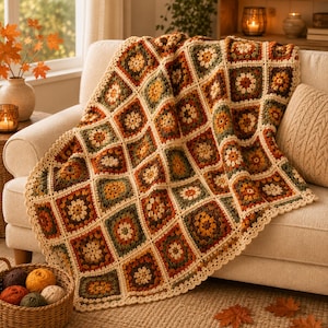 May include: A crochet blanket featuring a repeating granny square pattern in shades of cream, burnt orange, olive green, and dark brown. The blanket has a scalloped cream-colored border and is constructed from individual square motifs joined together.