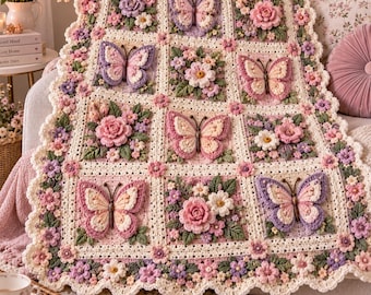 May include: A crochet blanket featuring a grid of square panels with three-dimensional floral and butterfly motifs. The design incorporates shades of pink, cream, lavender, and green, with a scalloped border and small flower accents at each corner.