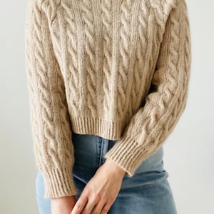 Peut inclure: Un pull beige en tricot torsadé avec un col montant et des manches longues. Le pull présente un motif torsadé texturé sur le corps et les manches, avec des poignets et un ourlet côtelés. Le pull est fait d'une matière douce et chaude.
