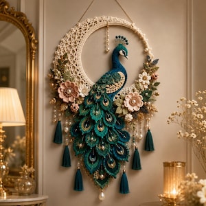 May include: A circular wall hanging featuring a crocheted crescent moon frame adorned with a detailed peacock figure. The peacock has deep blue and green plumage with intricate feather patterns, accented by soft pink crocheted flowers, pearls, and hanging dark teal tassels.