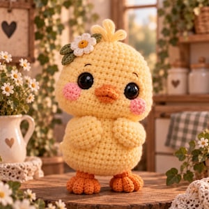 May include: A yellow crocheted chick plush toy with large black eyes, an orange beak, and pink cheeks. The chick features a small white flower with green leaves on its head and has orange feet. The texture is soft and yarn-based throughout.