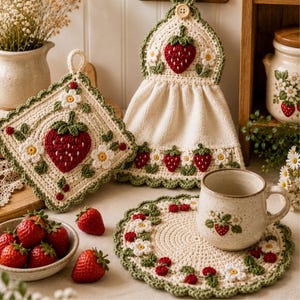 Może przedstawiać: Kwadratowa szydełkowa łapka kuchenna, wiszący ręcznik kuchenny z guzikiem oraz okrągła szydełkowa podstawka, wszystkie wykonane z kremowej włóczki z motywami czerwonych truskawek i białych kwiatów. Na podstawce stoi nakrapiany ceramiczny kubek z truskawkami.