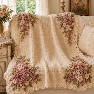 May include: A cream-colored crochet throw blanket featuring intricate floral embellishments in shades of dusty rose, soft pink, and sage green. The blanket has a scalloped edge and four large clusters of three-dimensional crocheted flowers.