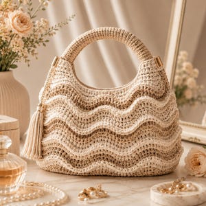 May include: A crochet handbag featuring a wavy, multi-toned pattern in shades of cream, beige, and tan. The bag has a rounded top handle, a gold-toned metal attachment on one side, and a matching hanging tassel with a gold-toned metal cap.