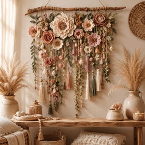 May include: A wall hanging featuring a large piece of driftwood with various crocheted flowers in shades of pink, cream, and green. The arrangement includes hanging vines, leaves, and tassels in muted tones, suspended by strings from the wood branch.
