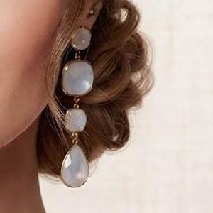 Peut inclure: Une longue boucle d'oreille pendante composée de quatre pierres translucides blanc laiteux de formes variées, dont trois carrées et une en forme de goutte à la base. Les pierres sont montées sur des maillons en métal doré, créant un design vertical.