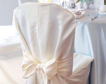 CLEARANCE Elegant Ivory Satin Chair Cover with Self Sash/ Wedding decoration/ wedding chair cover/ Quinceanera/banquet chair covers
