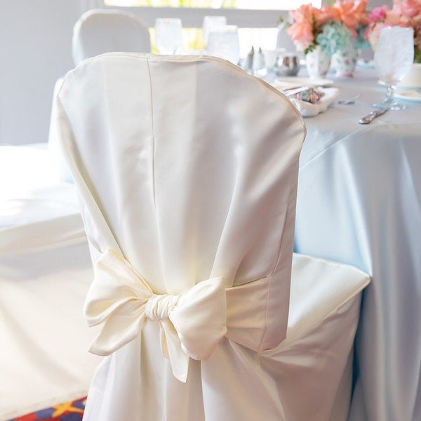 CLEARANCE Elegant Ivory Satin Chair Cover with Self Sash/ Wedding decoration/ wedding chair cover/ Quinceanera/banquet chair covers